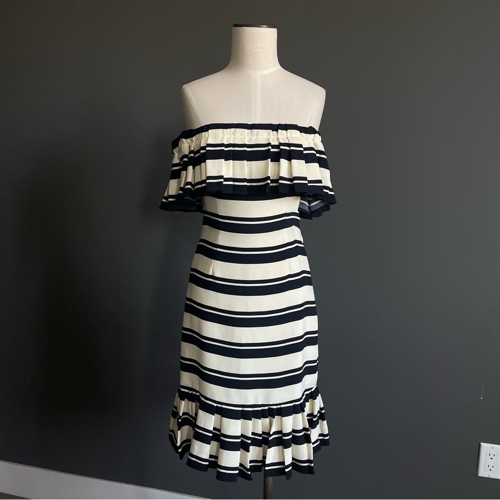 Halston Heritage Off Shoulder Black Ivory Stripe Ruffle Midi Dress Size 0
